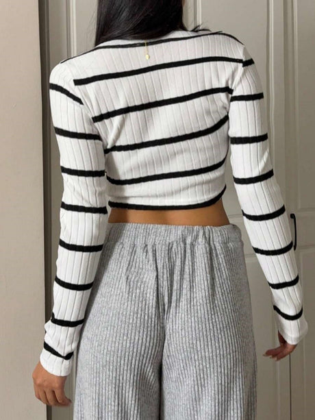 Square Neckline, Long Sleeves, Black And White Striped, Brushed, Short-sleeved Ribbed Knit T-shirt/sweater