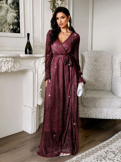 V-neck Waist-cinching Belt Sequins Sheer Lantern Sleeves Maxi Dresses
