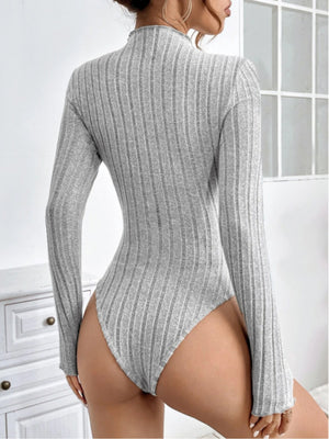 Wavy Stand Collar Brushed Ribbed Long-sleeved Knit Bodysuit Top