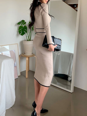 Half-high Collar, Ribbed, Slim-fitting, Color-blocked Mid-length Knitted Dress With Ties