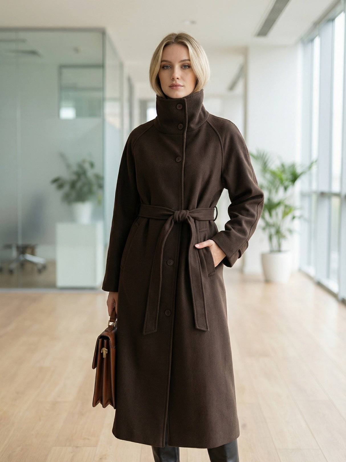 Waist-cinching Wool Coat Stand-up Collar Tie Coats