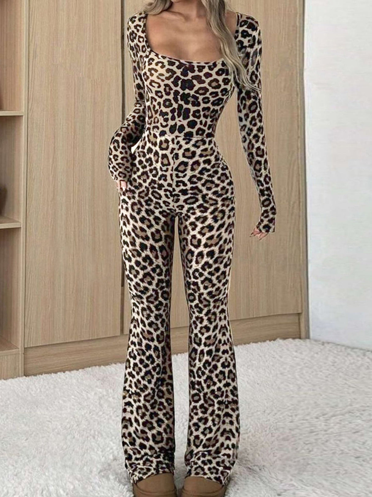 Liber Leopard Print Hip Wrap Square Collar Bell-bottoms Long-sleeved Bodysuit/pants
