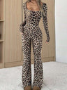 Liber Leopard Print Hip Wrap Square Collar Bell-bottoms Long-sleeved Bodysuit/pants