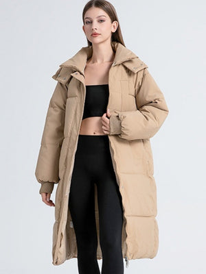Hooded Zippered Extended Knee-length Down Jacket Thickened Coat