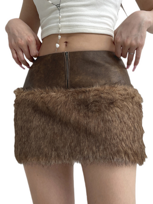 Furry Patchwork Zipper Leather Stitching Low-rise Skirts