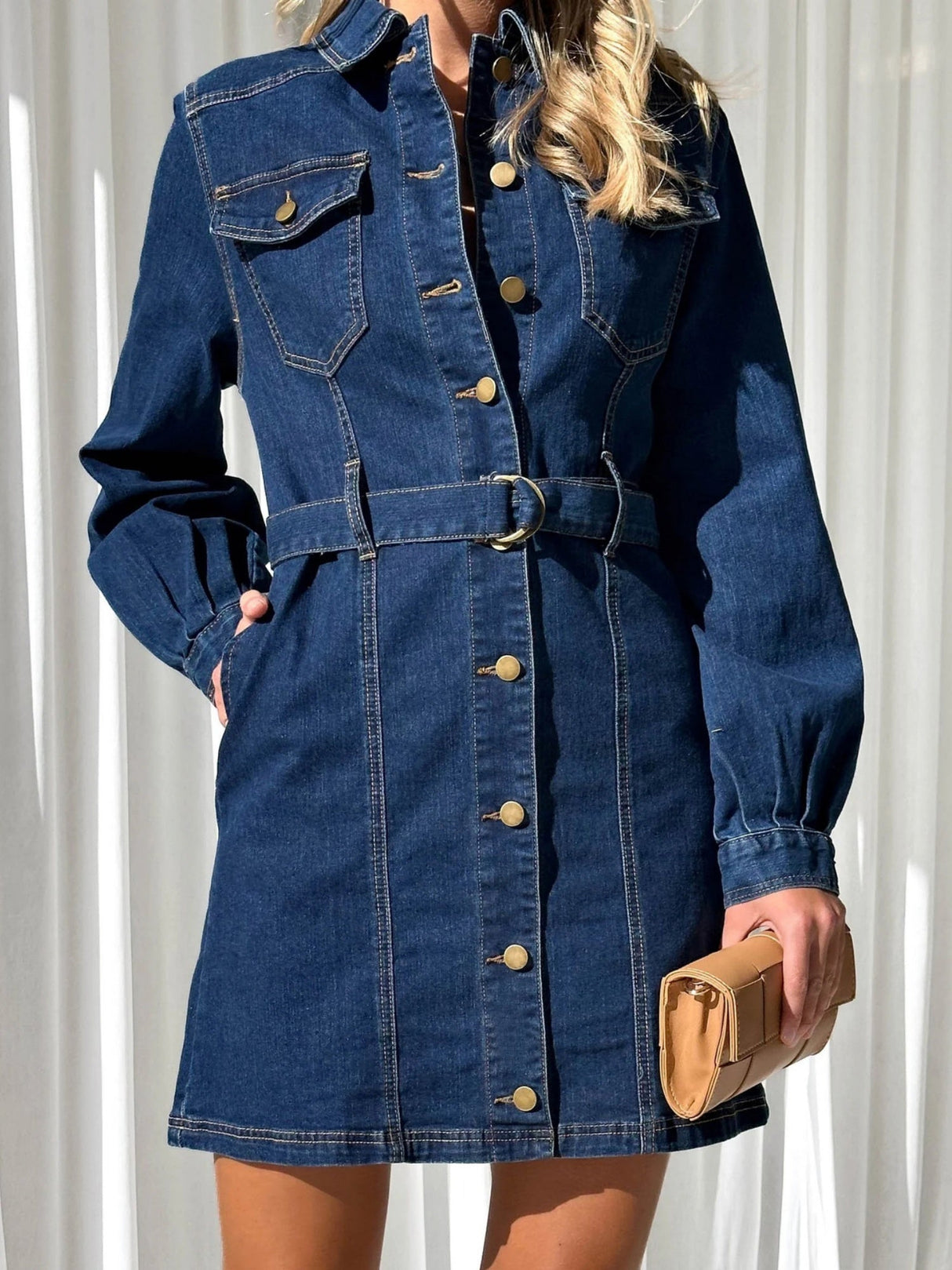 Buttons Lace Up Long Sleeves Denim Dress