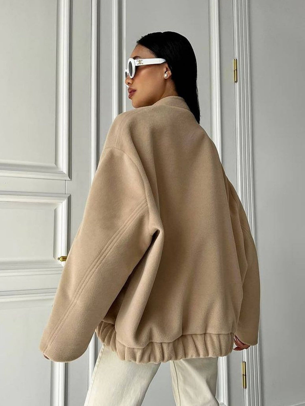 Stand-up Collar, Large Pockets, Button-down, Solid Color Autumn/winter Long-sleeved Jacket