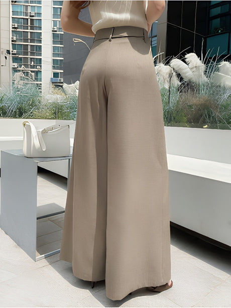 Pleated Lace-Up Wide-Leg Casual Pants Khaki Suit Trousers