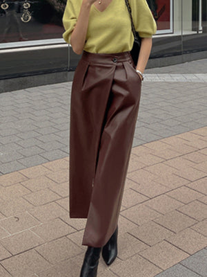 Leather Stitching Buttons Pleated High-waisted Side Slit Long Skirts