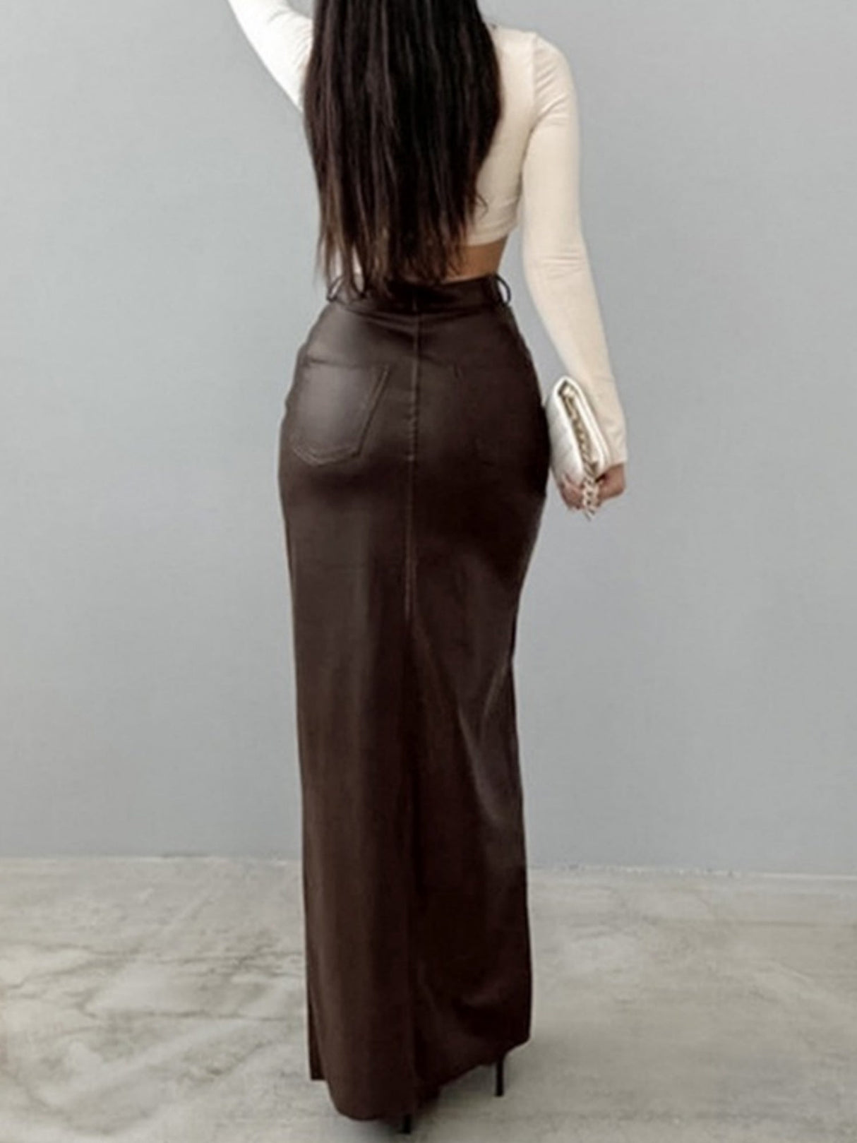 Leather Stitching High-waisted Slim Fit Hip Body Slit Long Skirts