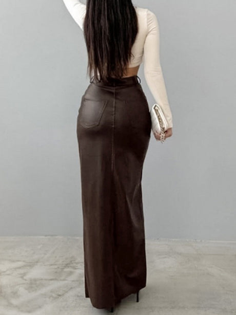 Leather Stitching High-waisted Slim Fit Hip Body Slit Long Skirts