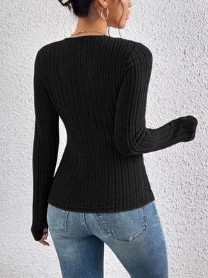 Drawstring V-neck Long-sleeved Brushed Ribbed Knit T-shirt Top
