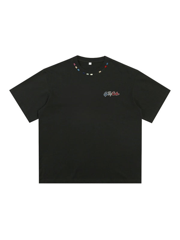 Color-blocked Colorful Embroidery Loose-fit T-shirts