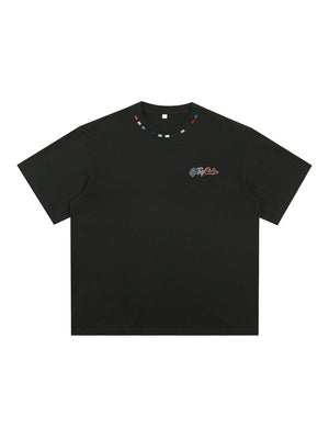 Color-blocked Colorful Embroidery Loose-fit T-shirts