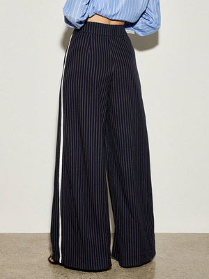 Striped Contrasting High Waist Commuter Women's Navy Blue Suit Trousers