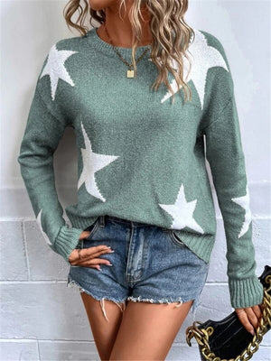 Crew Neck Star Pattern Contrasting Colors Knitted Long-sleeved Sweater