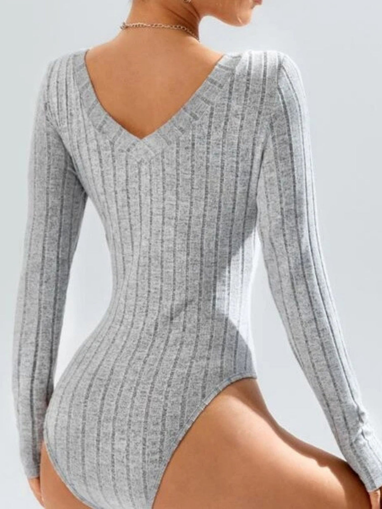 V-neck Long-sleeved Knitted Brushed Ribbed Bodysuit Top
