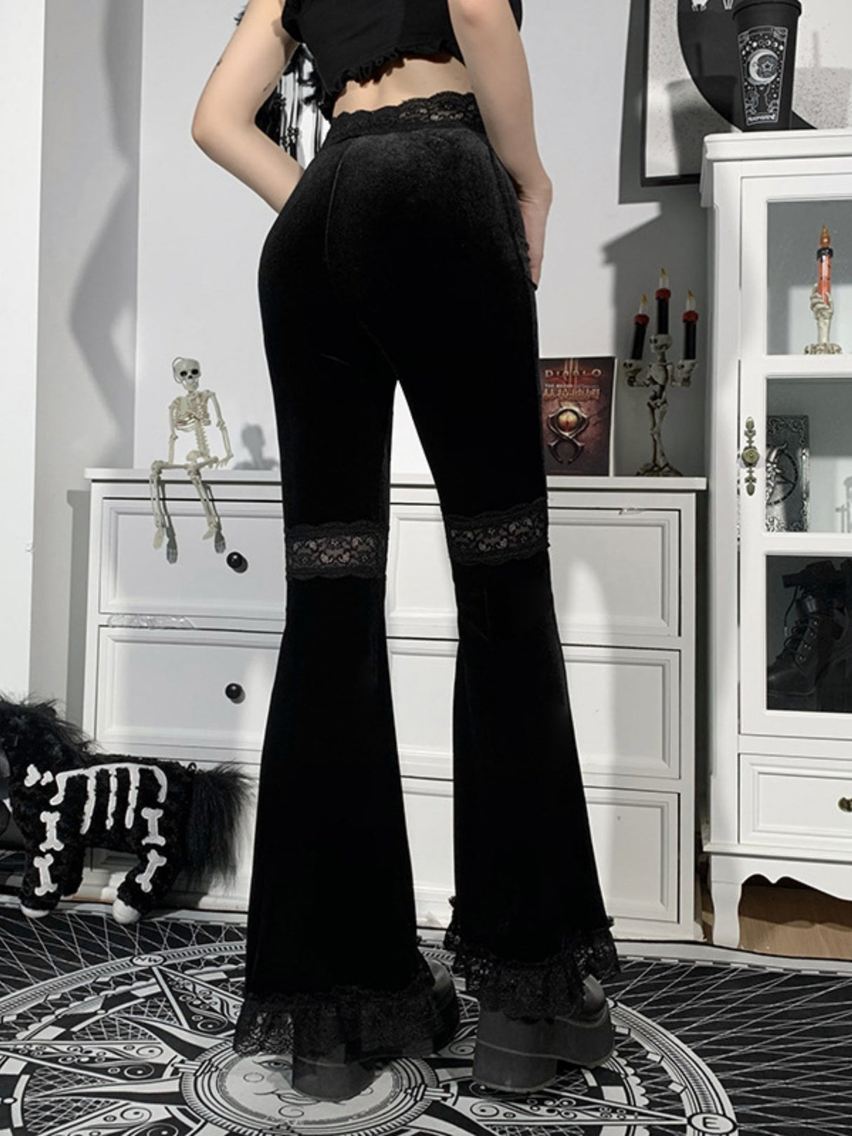 Y2K Velvet Lace Patchwork Hollowed-out Perspective High-waisted Flared Pants Slimming Pants