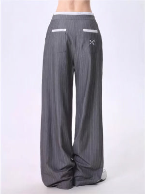 Striped Bow Tie Wide-leg Pants Casual High-waist Straight Gray High-end Summer Suit Trousers