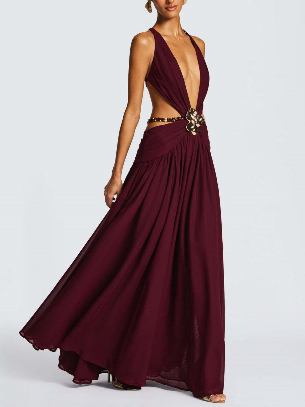 Halter Neck Deep V Lace-up Backless Sexy High Slit Metal Decoration Maxi Dresses