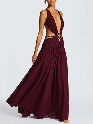 Halter Neck Deep V Lace-up Backless Sexy High Slit Metal Decoration Maxi Dresses