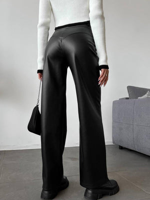 Leather Stitching Buttons High-waisted Straight-leg Pants Pants