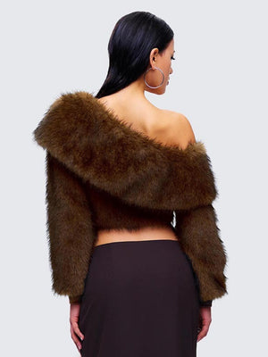 Furry Sloping Shoulders Lapel Long-sleeved Top