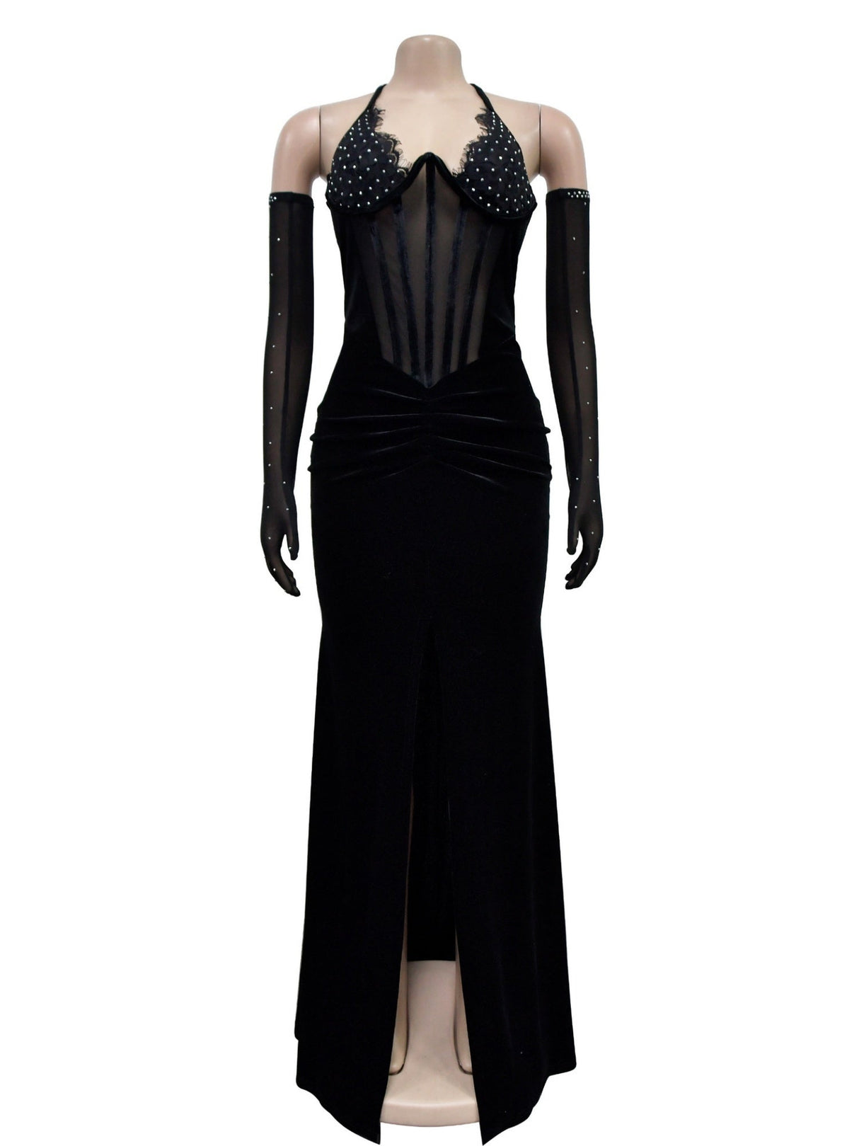 Abendkleid mit Strassbesatz, Patchwork aus Spitze und Samt, durchsichtigem Mesh, Neckholder und Schlitz