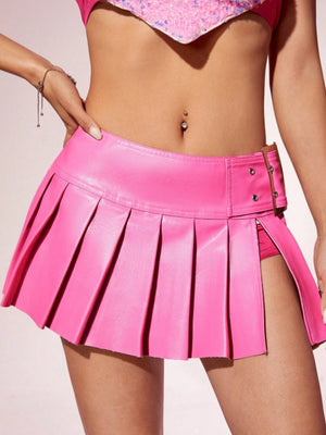Leather Stitching Slit Pleated Skirts