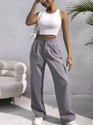 Pleated Suit Wide-leg Pants For Women High Waist Drape Loose Straight Floor-length Trousers