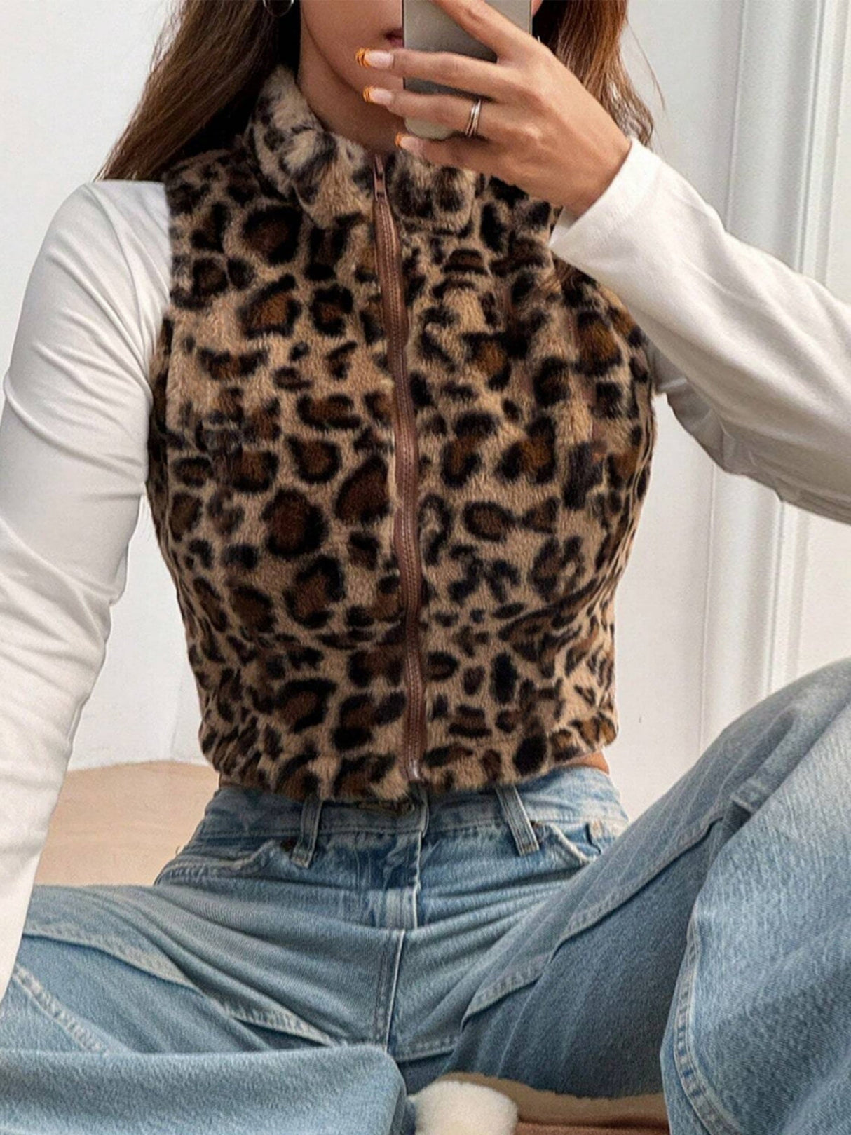 Liber Leopard Print Plush Stand-up Collar Navel Exposed Short Vest