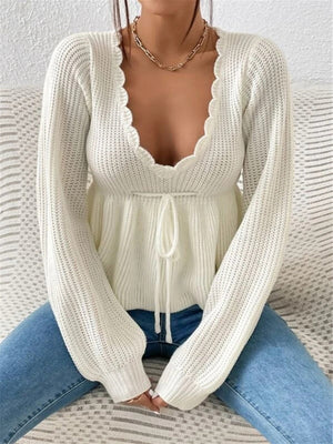 V-neck Drawstring Ruffled Skirt Knitted Pullover Sweater