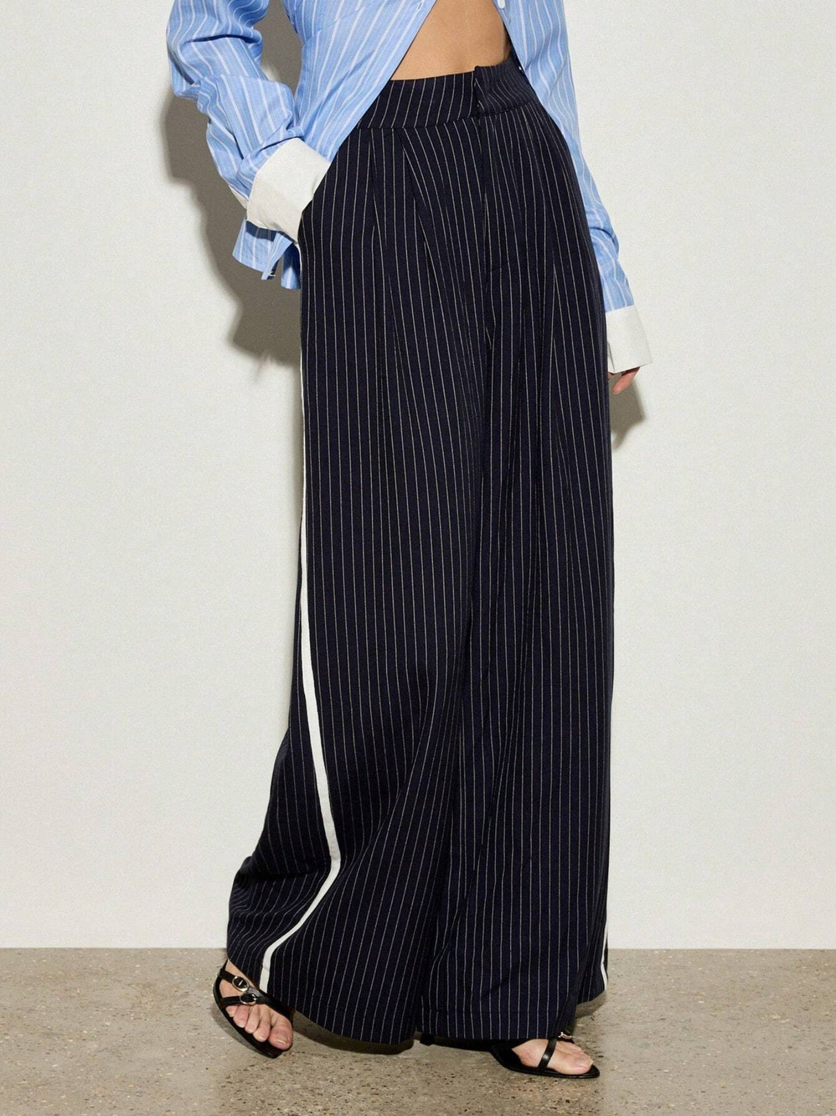 Striped Contrasting High Waist Commuter Women's Navy Blue Suit Trousers