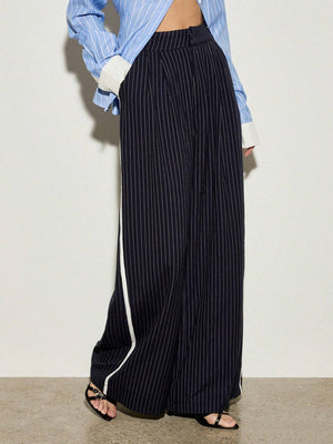 Striped Contrasting High Waist Commuter Women's Navy Blue Suit Trousers
