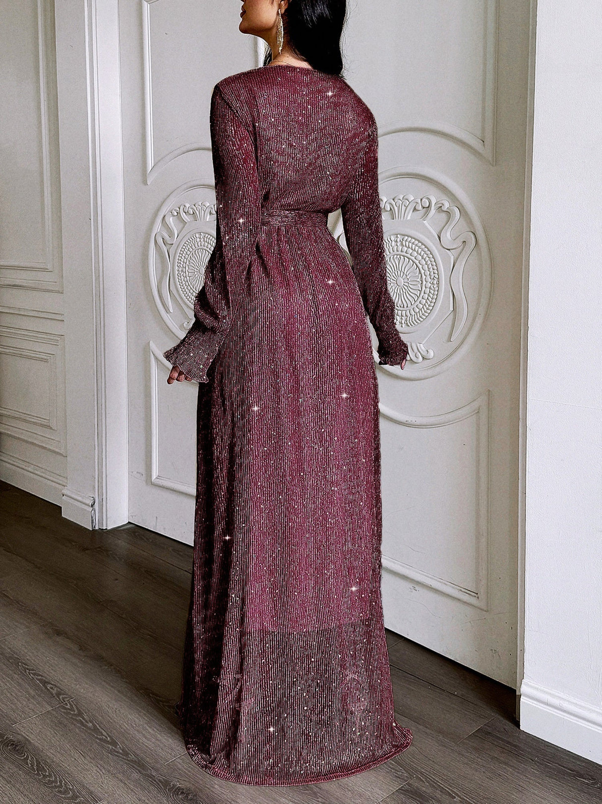 V-neck Waist-cinching Belt Sequins Sheer Lantern Sleeves Maxi Dresses