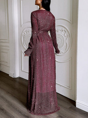 V-neck Waist-cinching Belt Sequins Sheer Lantern Sleeves Maxi Dresses