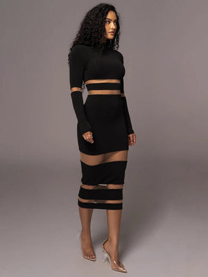 Mesh Splicing High Collar High Waist Slim Sexy Long Dress