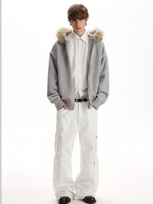 Fur Collar Hooded Knitting Cardigan Coat