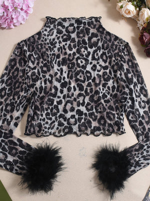 Liber Leopard Print Hot Rhinestones Feather Leopard Print Navel Exposed Long-sleeved T-shirt