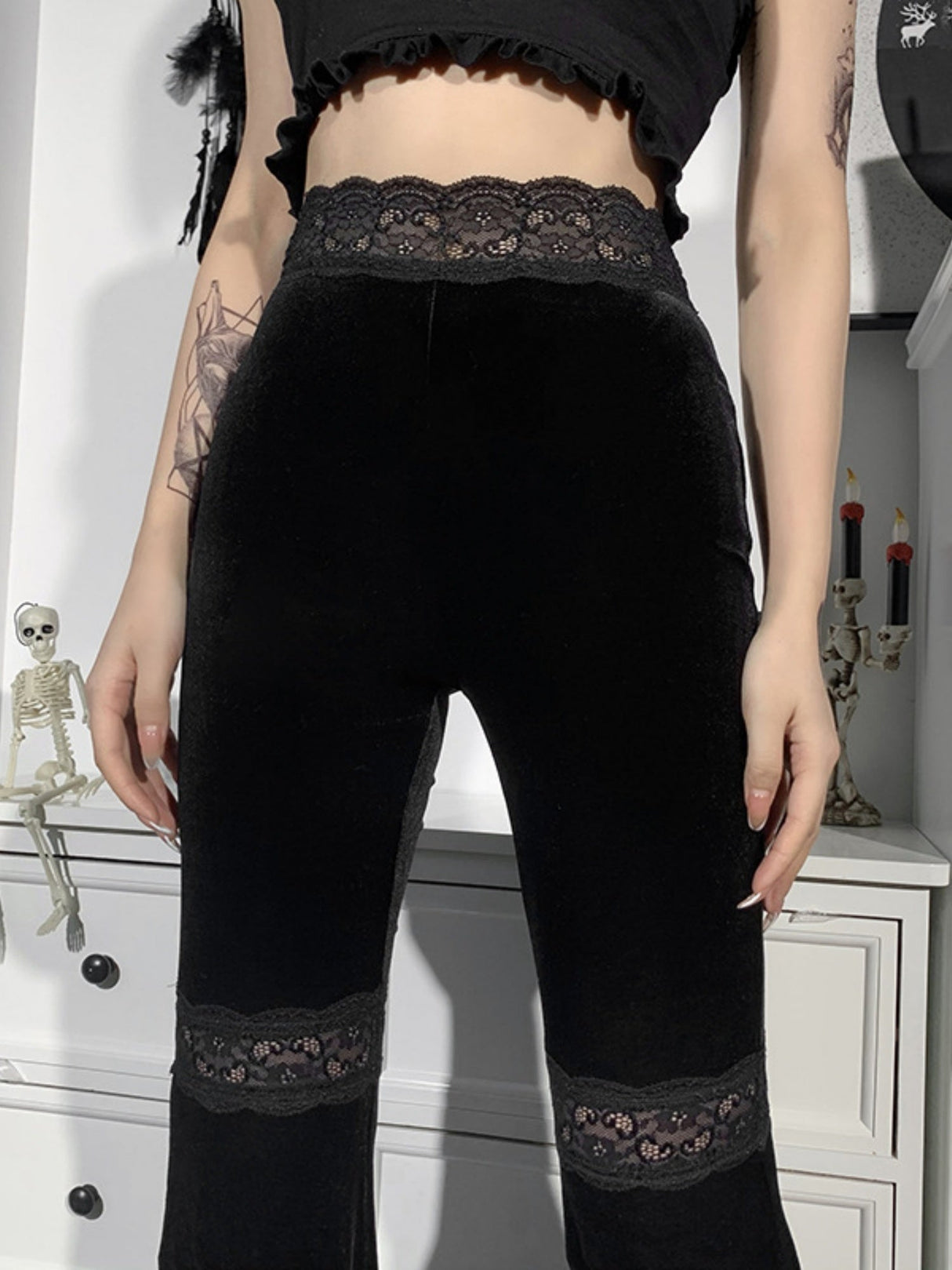 Y2K Velvet Lace Patchwork Hollowed-out Perspective High-waisted Flared Pants Slimming Pants