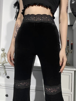 Y2K Velvet Lace Patchwork Hollowed-out Perspective High-waisted Flared Pants Slimming Pants