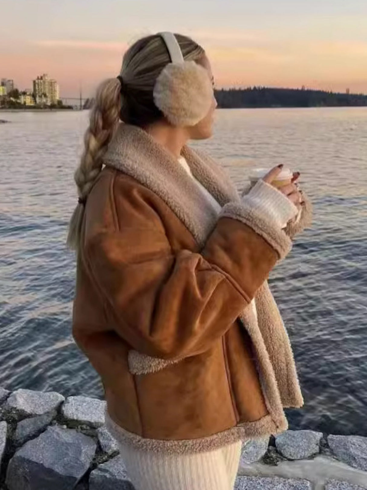 Lapel Pocket Button Wool Coat With Fur Trim, Long Sleeves, Autumn And Winter Coat