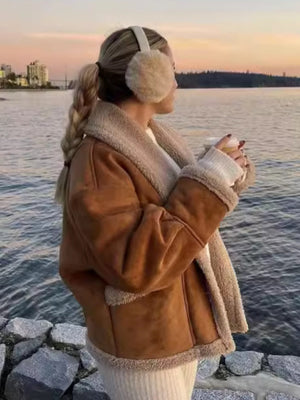 Lapel Pocket Button Wool Coat With Fur Trim, Long Sleeves, Autumn And Winter Coat