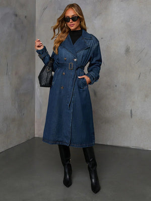 Lapel Buttons Lace Up Oversized Trench Coat Denim Jacket