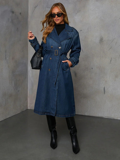 Lapel Buttons Lace Up Oversized Trench Coat Denim Jacket
