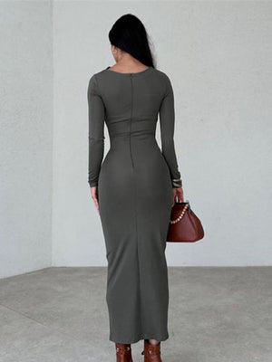 Pleated Sexy Slim Long Sleeve Solid Color Simple Temperament Hip Long Dress