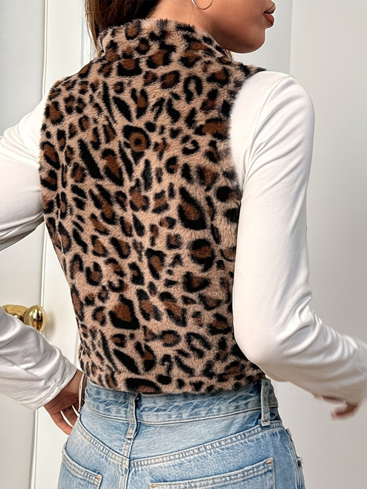 Liber Leopard Print Plush Stand-up Collar Navel Exposed Short Vest