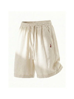 Imitation Linen Lightweight Color-blocked Embroidery Loose-fit Five Points Shorts
