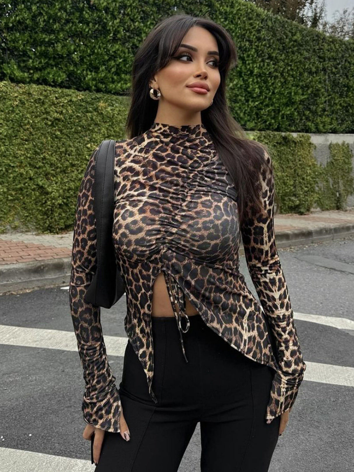 Liber Leopard Print Navel Exposed Drawstring Long-sleeved T-shirt
