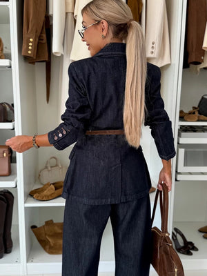Denim Waist Buttons Blazers Straight Leg Jeans 2-piece Sets